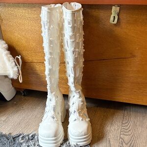White Textured Knee-High Platform Boots